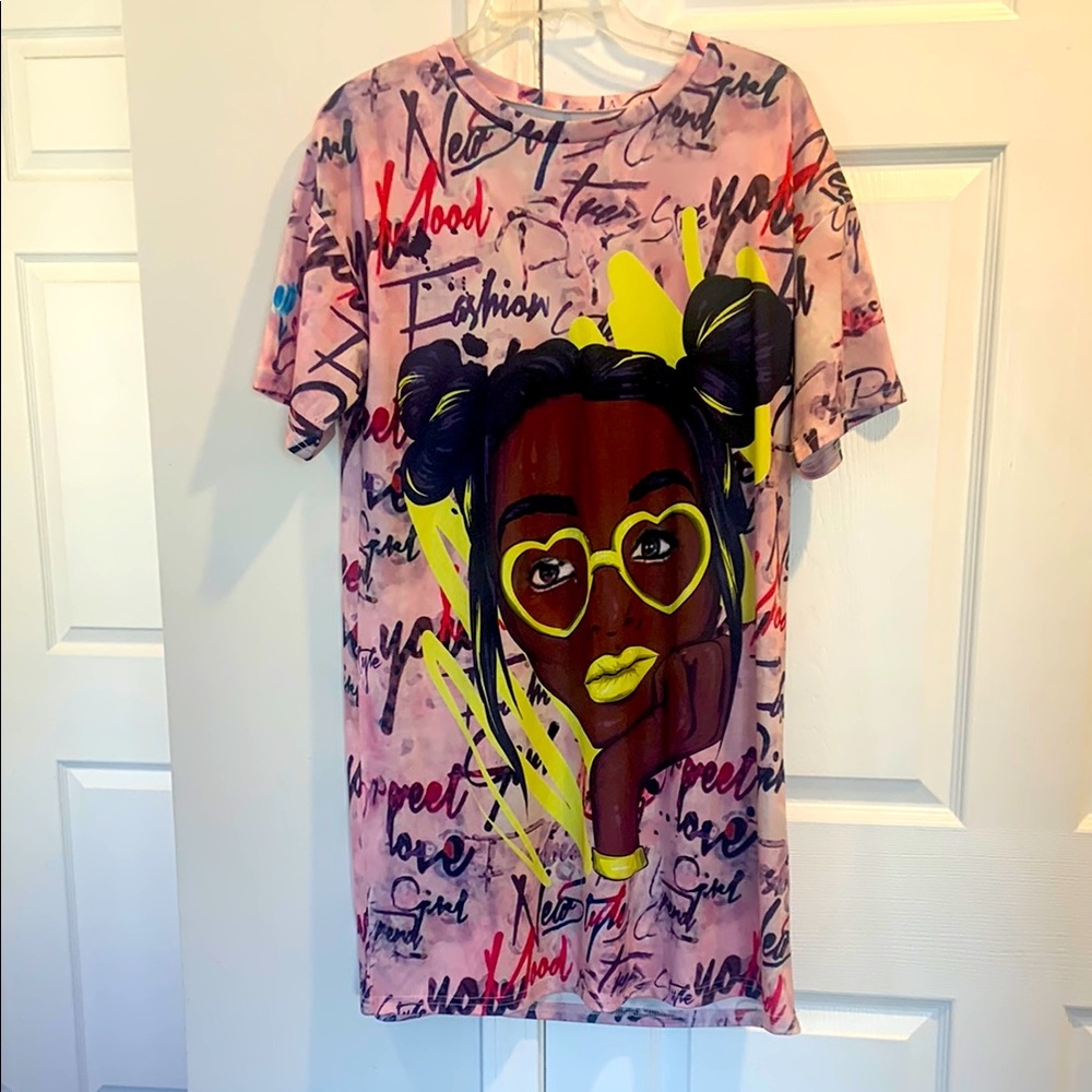 Trendy Shirt-Dress Graphic Tee - Pink and Yellow